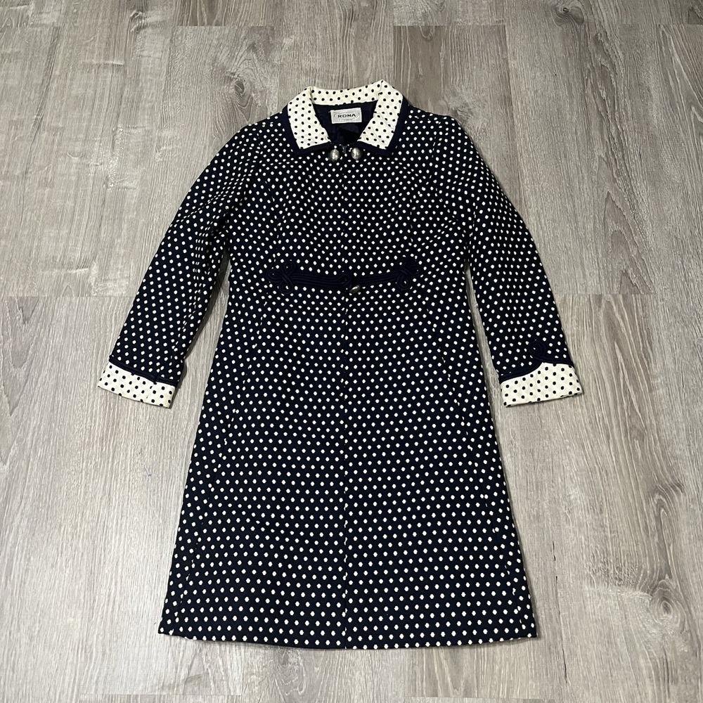 Vintage 60s RONA Shirt Dress W/ Contrasting Collar And Cuffs Pleat Navy